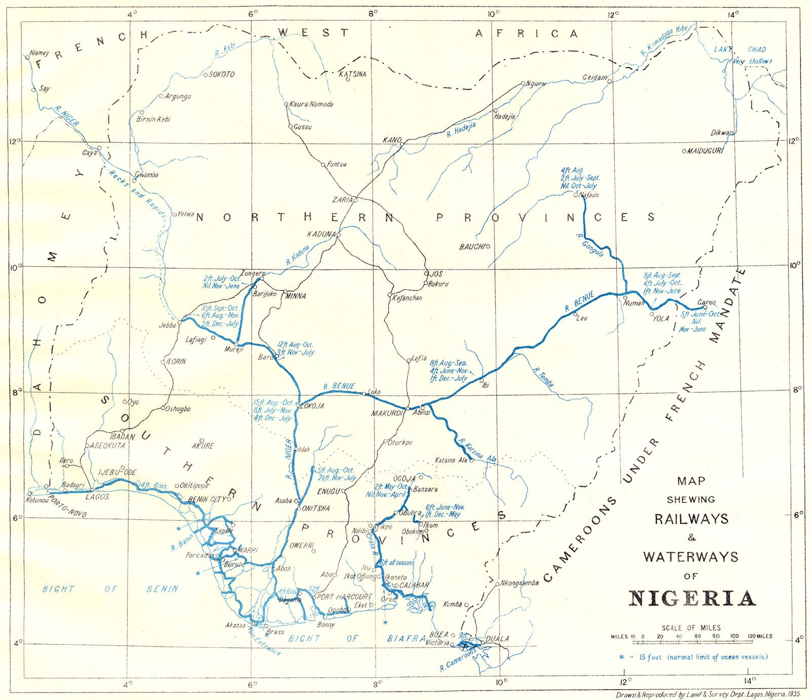 NIGERIA. Map shewing Railways & Waterways of Nigeria 1936 old vintage